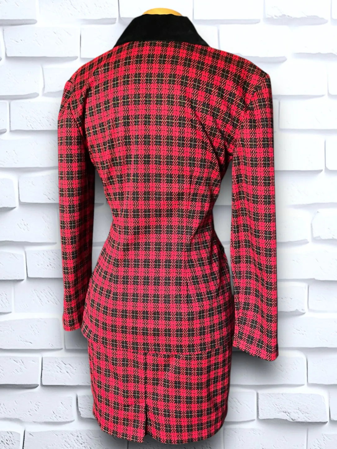 Vintage Red, Black & Yellow Plaid Skirt Suit with Black Velvet Detailing